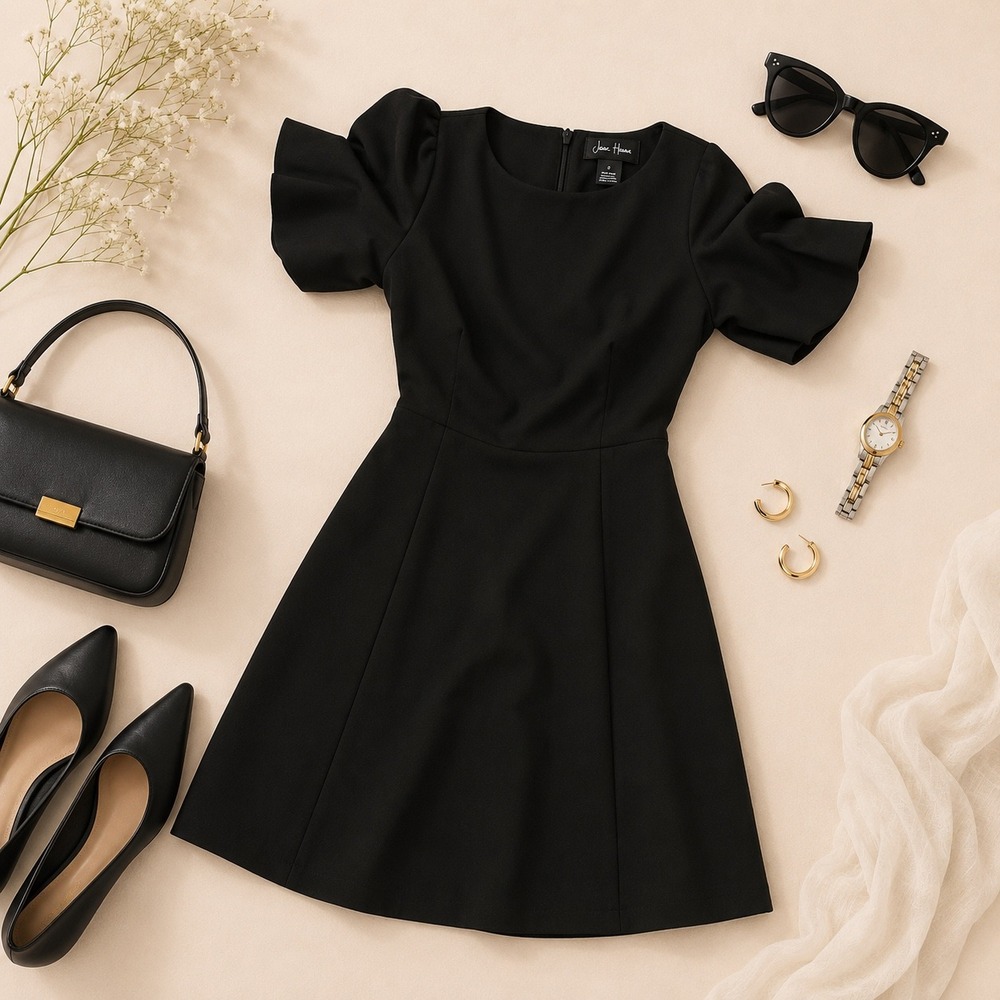 Jessica Howard Black Dress Women's Flutter Sleeve A-Line Career Party